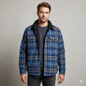 Eddie Bauer Shacket Men's Plaid Fleece Lined Flannel Gorpcore Blue Tall Large TL